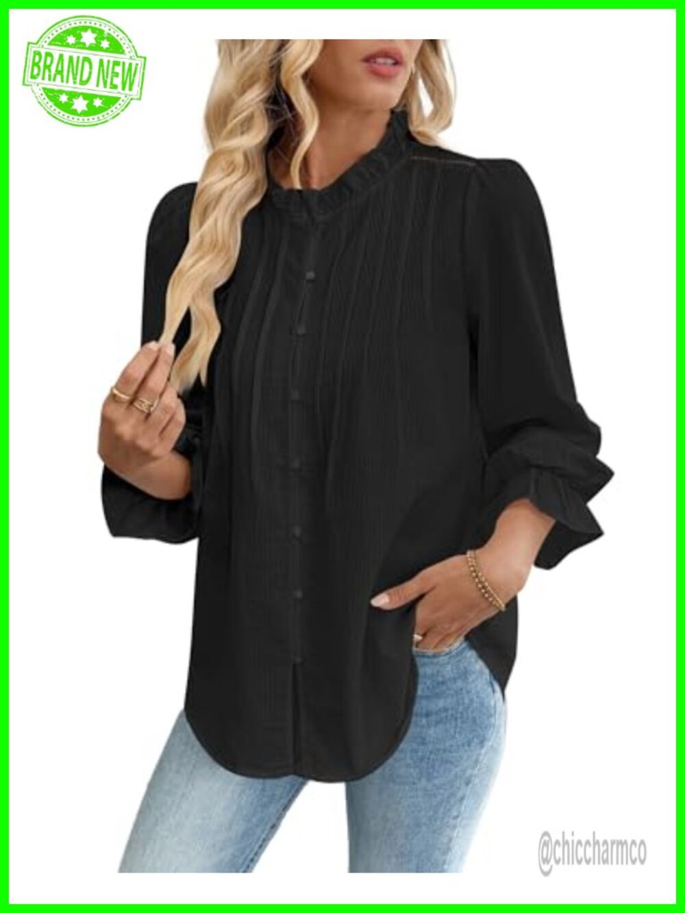 Women's Puff Long Sleeve Textured Button Down Work Blouse